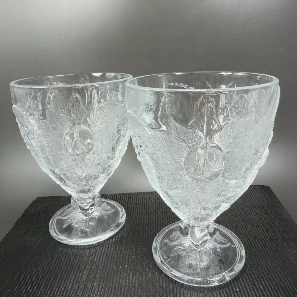 Pasabahce Fruit Embossed Heavy Pressed Glass Goblets Clear Cups Glasses Set‎ 2